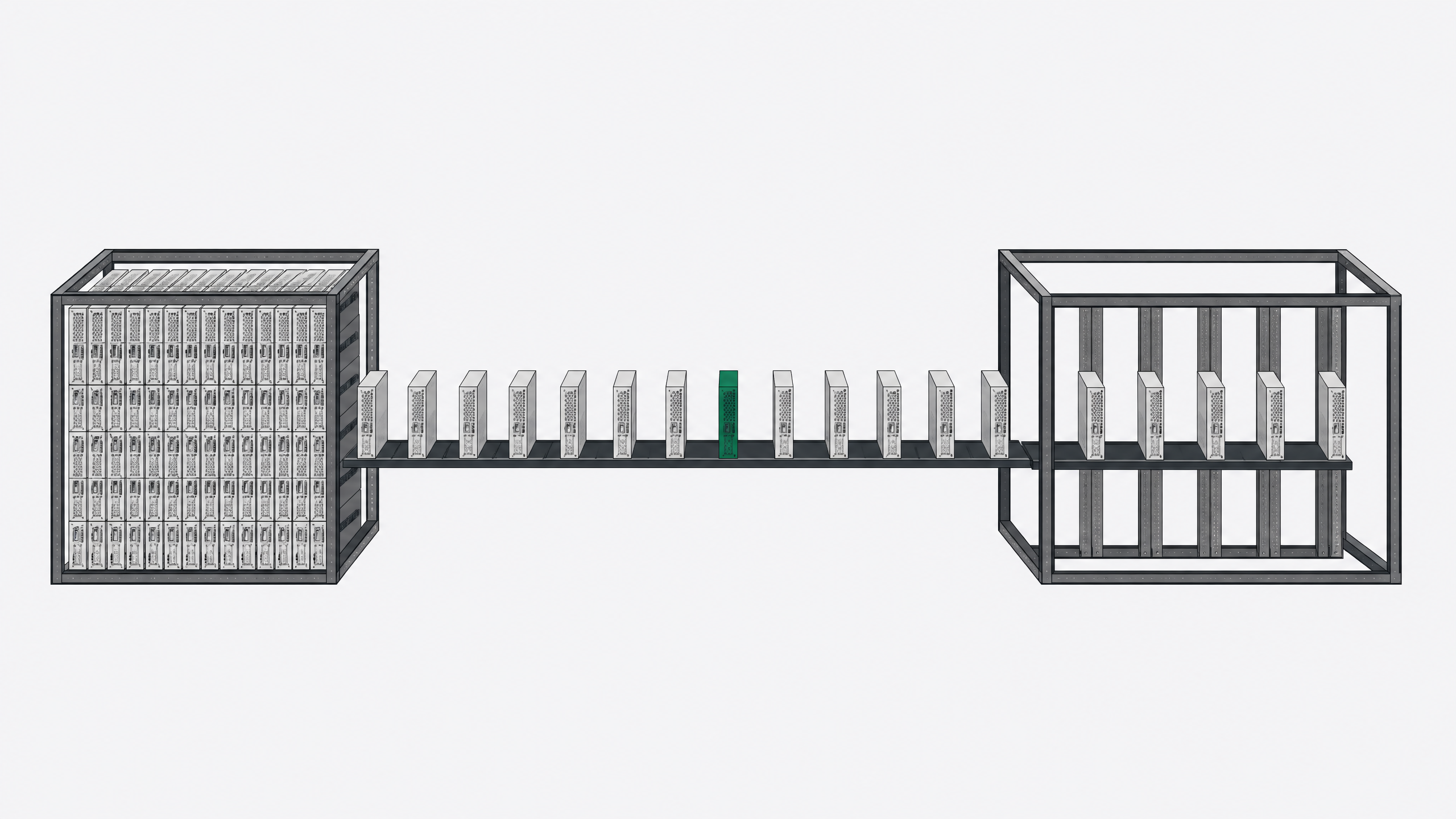 Server blade modules migrating in an orderly line from a densely packed rack to a more sparsely populated destination rack, illustrating workload migration off a virtualization platform.