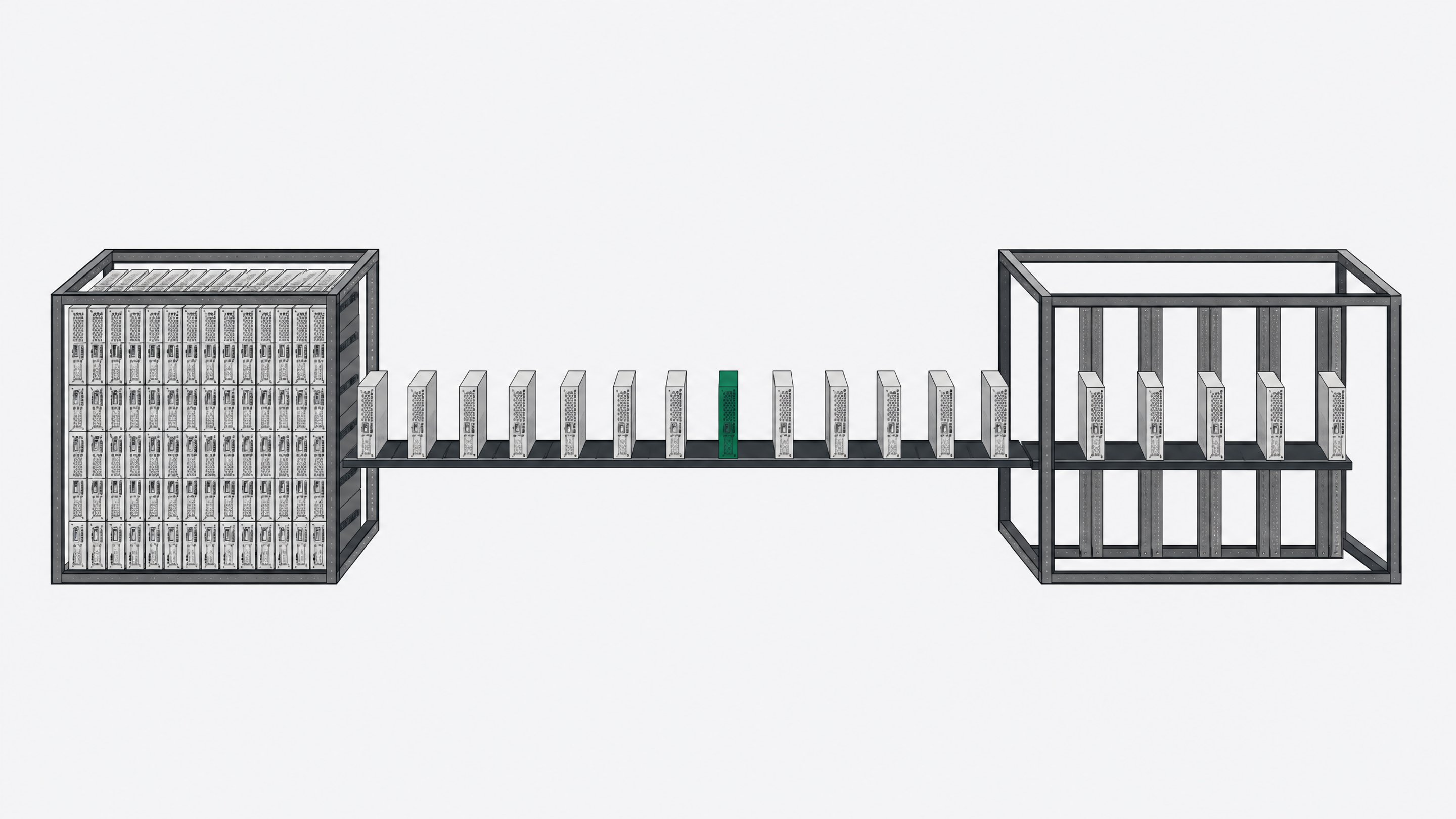 Server blade modules migrating in an orderly line from a densely packed rack to a more sparsely populated destination rack, illustrating workload migration off a virtualization platform.