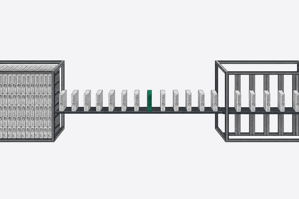 Server blade modules migrating in an orderly line from a densely packed rack to a more sparsely populated destination rack, illustrating workload migration off a virtualization platform.
