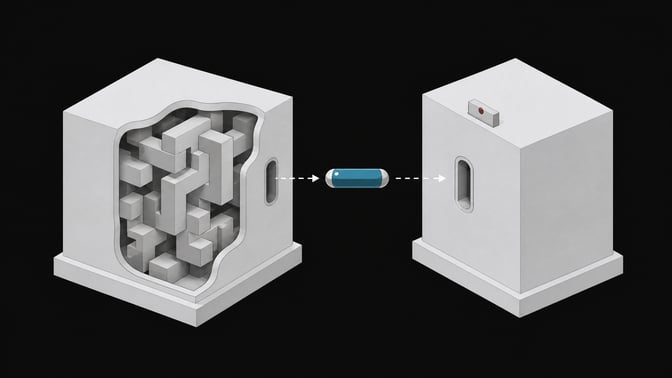 Diagram of a zero-knowledge proof system showing a sealed token passing from a block with hidden internal structure to a receiving block that verifies it without seeing the structure itself.