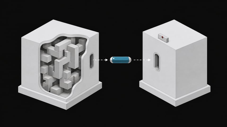 Diagram of a zero-knowledge proof system showing a sealed token passing from a block with hidden internal structure to a receiving block that verifies it without seeing the structure itself.
