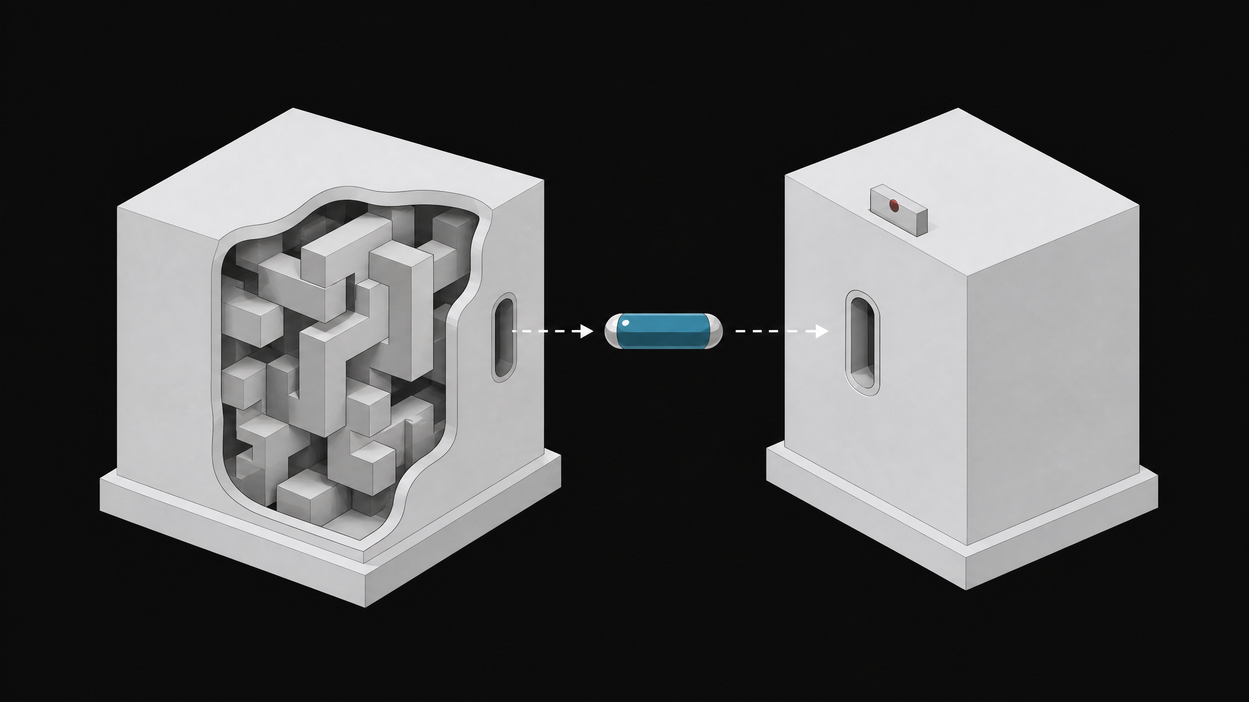 Diagram of a zero-knowledge proof system showing a sealed token passing from a block with hidden internal structure to a receiving block that verifies it without seeing the structure itself.