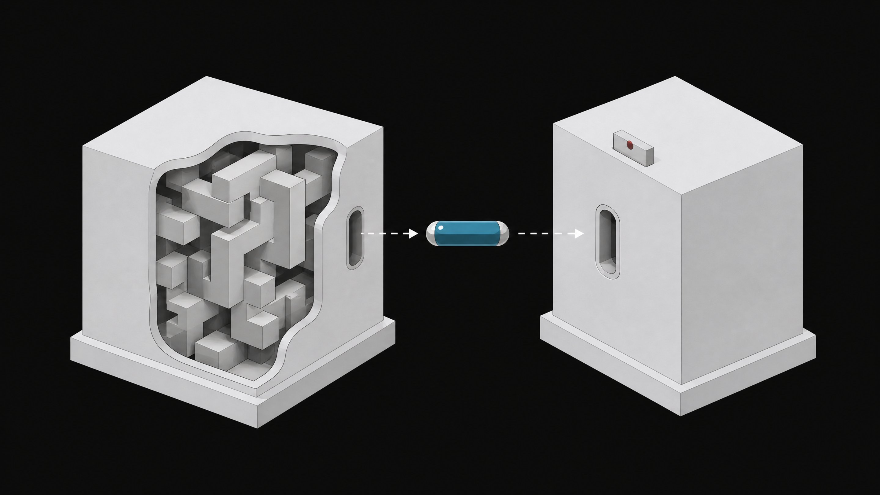Diagram of a zero-knowledge proof system showing a sealed token passing from a block with hidden internal structure to a receiving block that verifies it without seeing the structure itself.