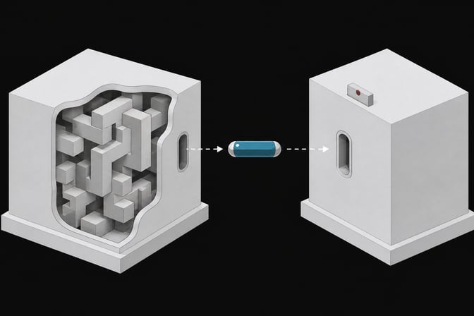 Diagram of a zero-knowledge proof system showing a sealed token passing from a block with hidden internal structure to a receiving block that verifies it without seeing the structure itself.