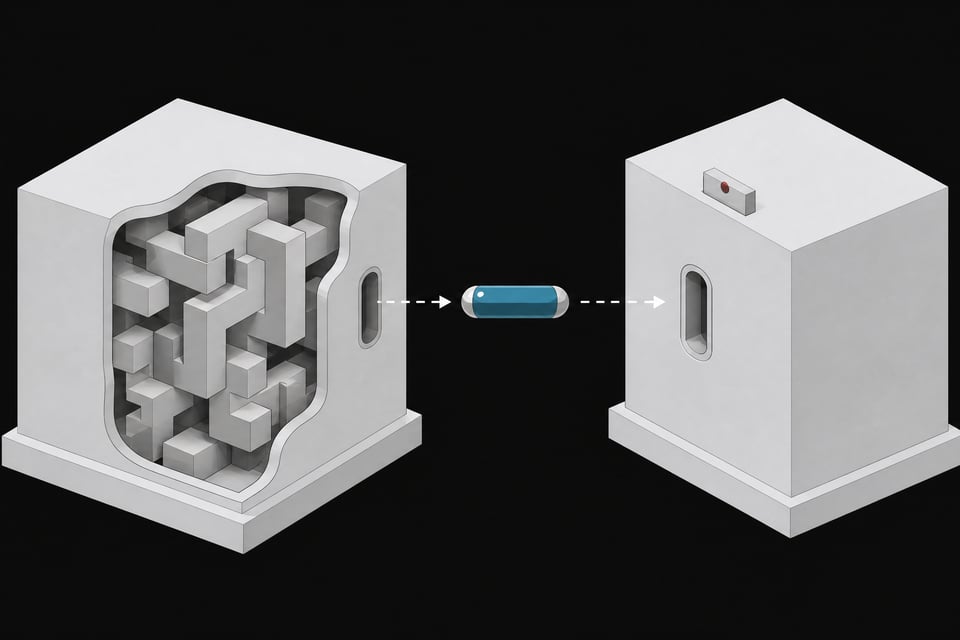 Diagram of a zero-knowledge proof system showing a sealed token passing from a block with hidden internal structure to a receiving block that verifies it without seeing the structure itself.