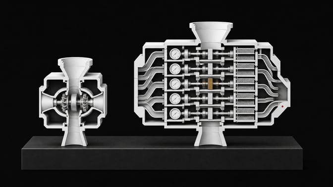 A cutaway comparison of a simple inference module beside a far more complex multi-chamber evaluation module with the same input and output size.