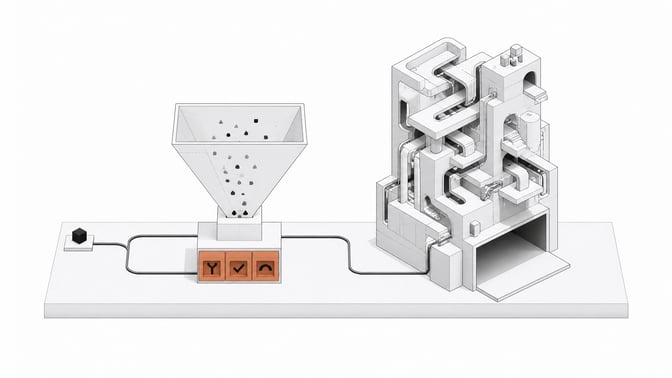 Illustration contrasting a compact classifier that sorts input into a few fixed typed slots against a larger, more elaborate structure that produces unbounded open-ended output.