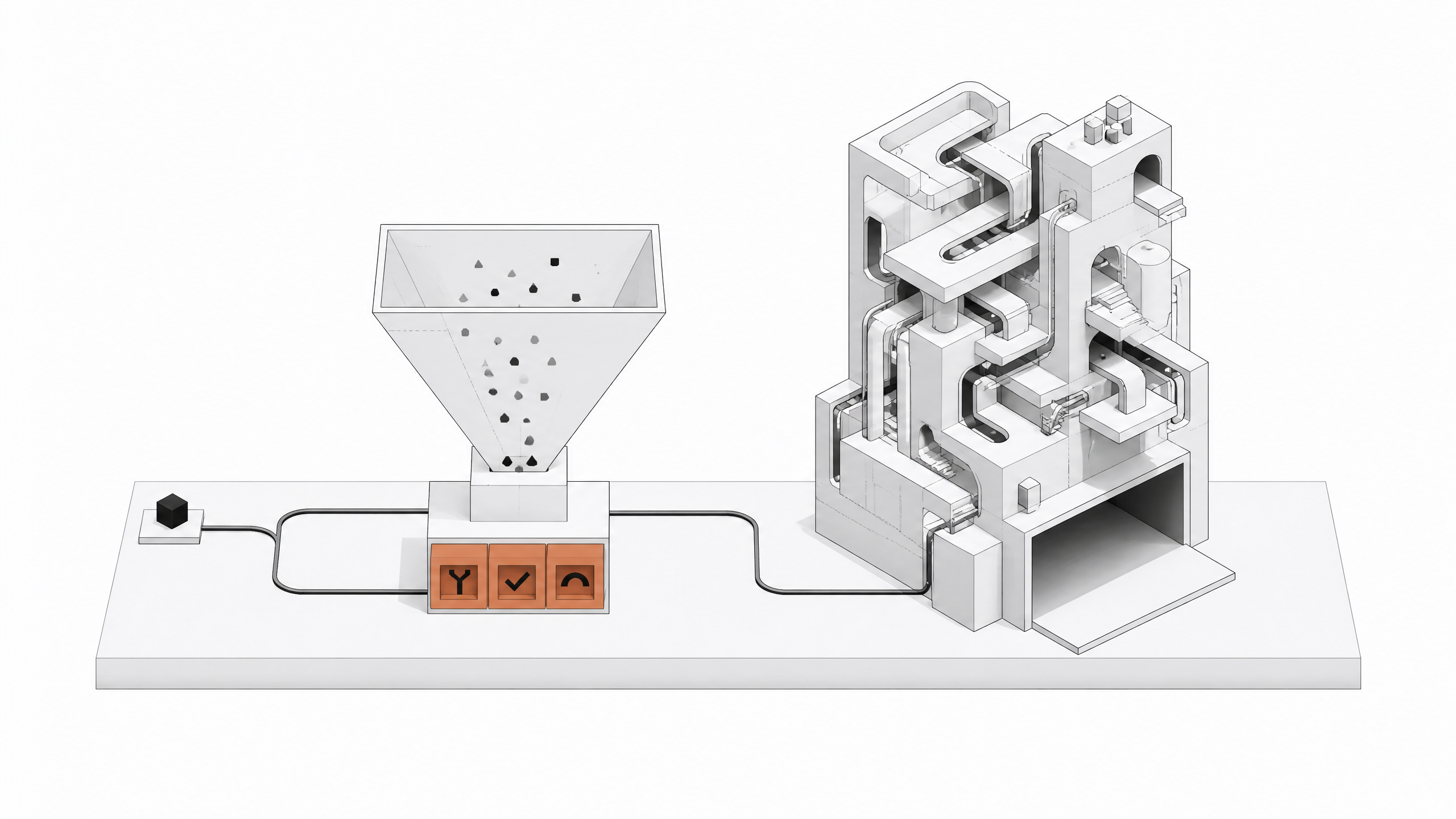 Illustration contrasting a compact classifier that sorts input into a few fixed typed slots against a larger, more elaborate structure that produces unbounded open-ended output.