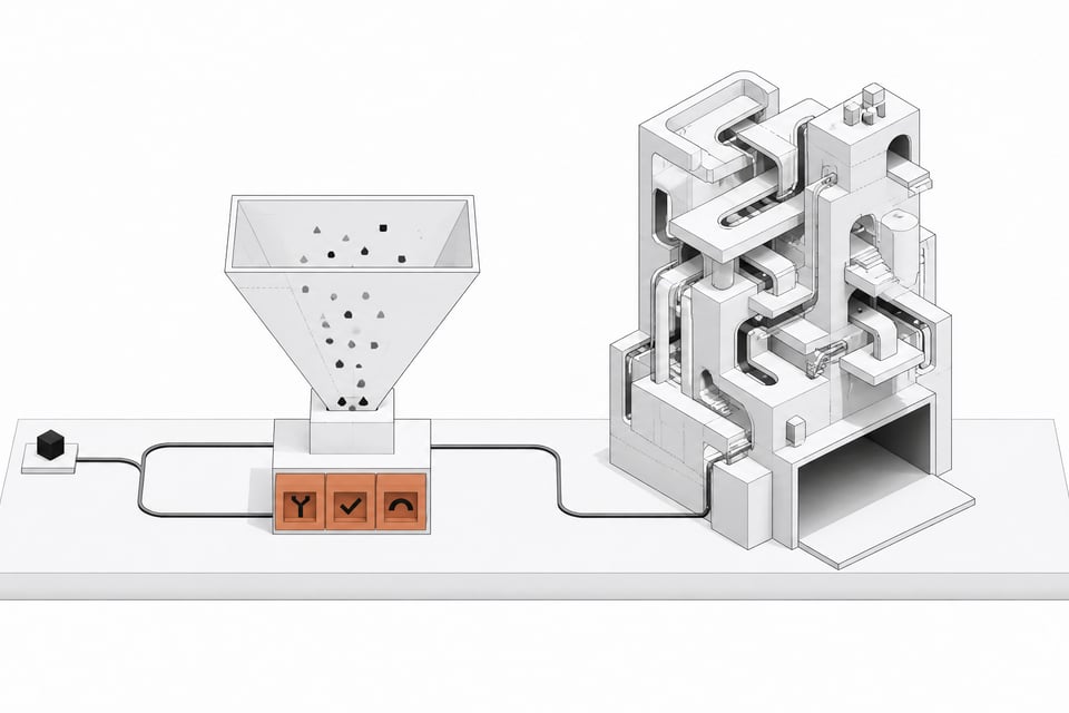 Illustration contrasting a compact classifier that sorts input into a few fixed typed slots against a larger, more elaborate structure that produces unbounded open-ended output.
