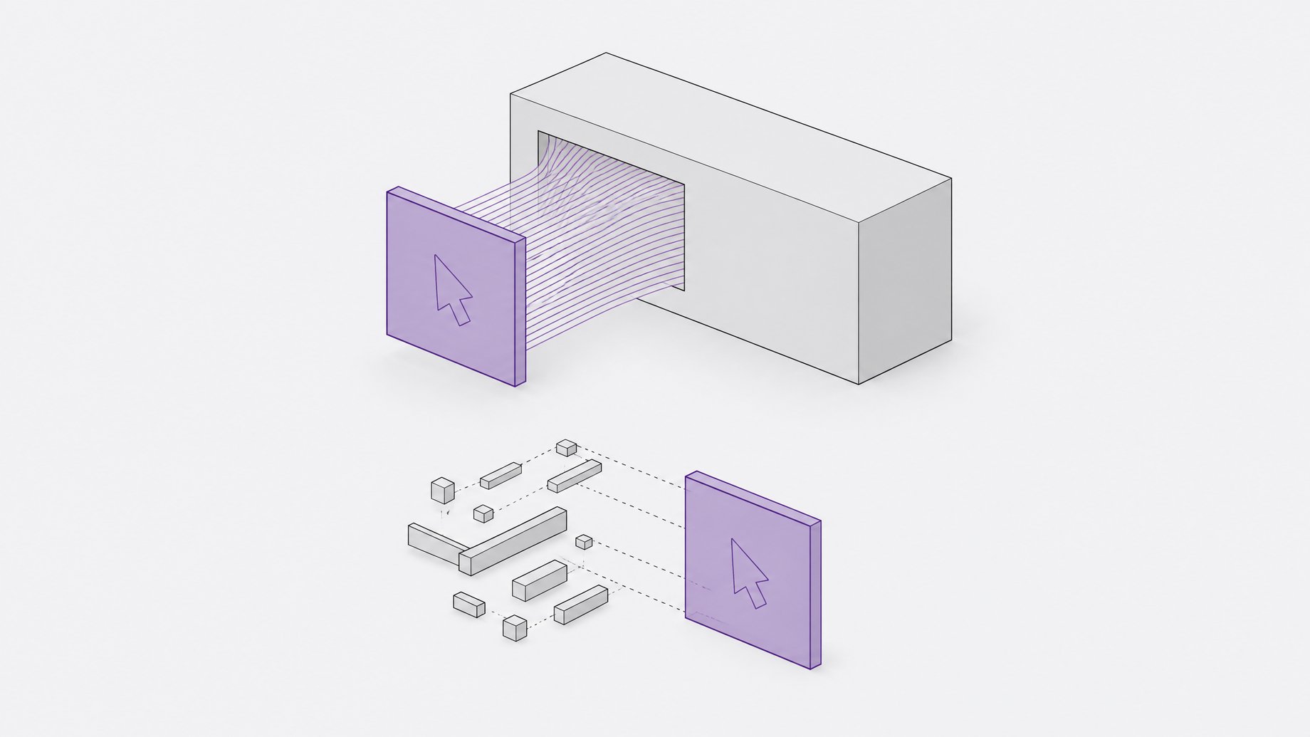 Illustration of a screen-sharing application being absorbed into a larger software platform and halted, then reconstructed piece by piece as a separate rebuilt version.