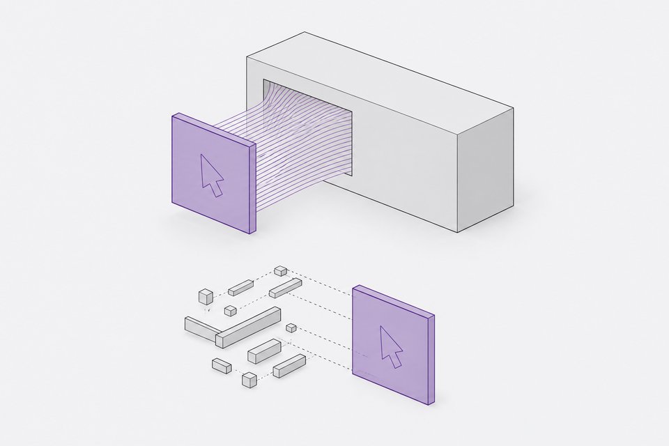 Illustration of a screen-sharing application being absorbed into a larger software platform and halted, then reconstructed piece by piece as a separate rebuilt version.