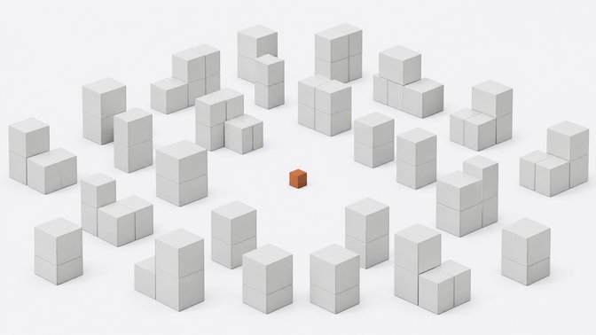 A single small accent-colored cube stands alone at the center, contrasted against a large receding grid of identical larger blank boxes stacked in tiers, representing one custom-built tool versus many uniform software subscriptions.