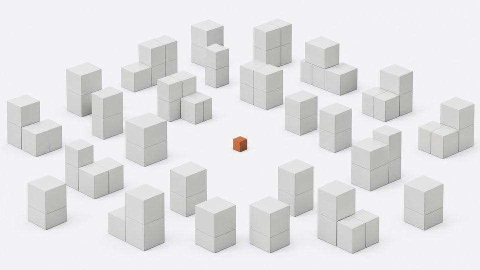 A single small accent-colored cube stands alone at the center, contrasted against a large receding grid of identical larger blank boxes stacked in tiers, representing one custom-built tool versus many uniform software subscriptions.