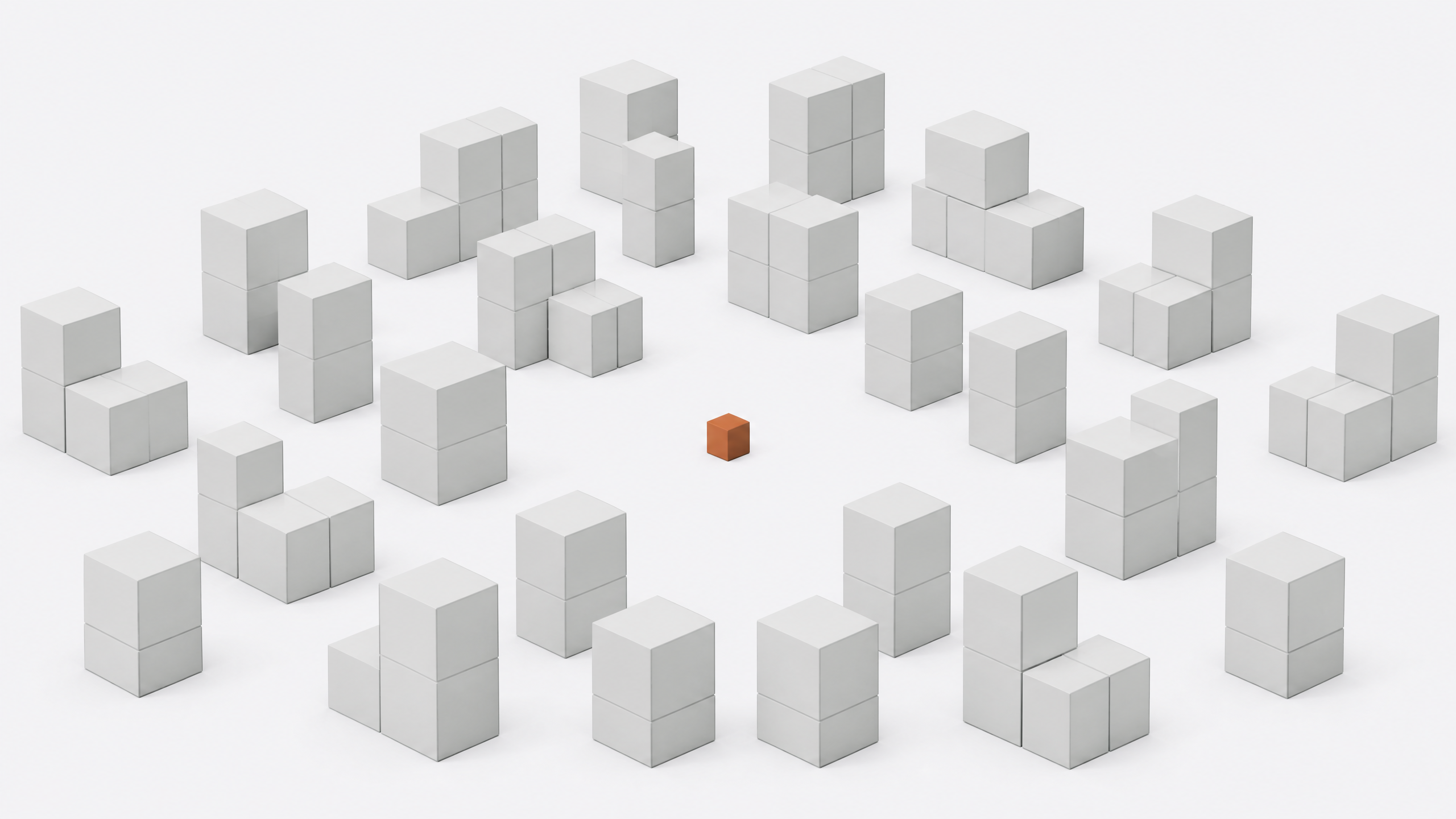 A single small accent-colored cube stands alone at the center, contrasted against a large receding grid of identical larger blank boxes stacked in tiers, representing one custom-built tool versus many uniform software subscriptions.