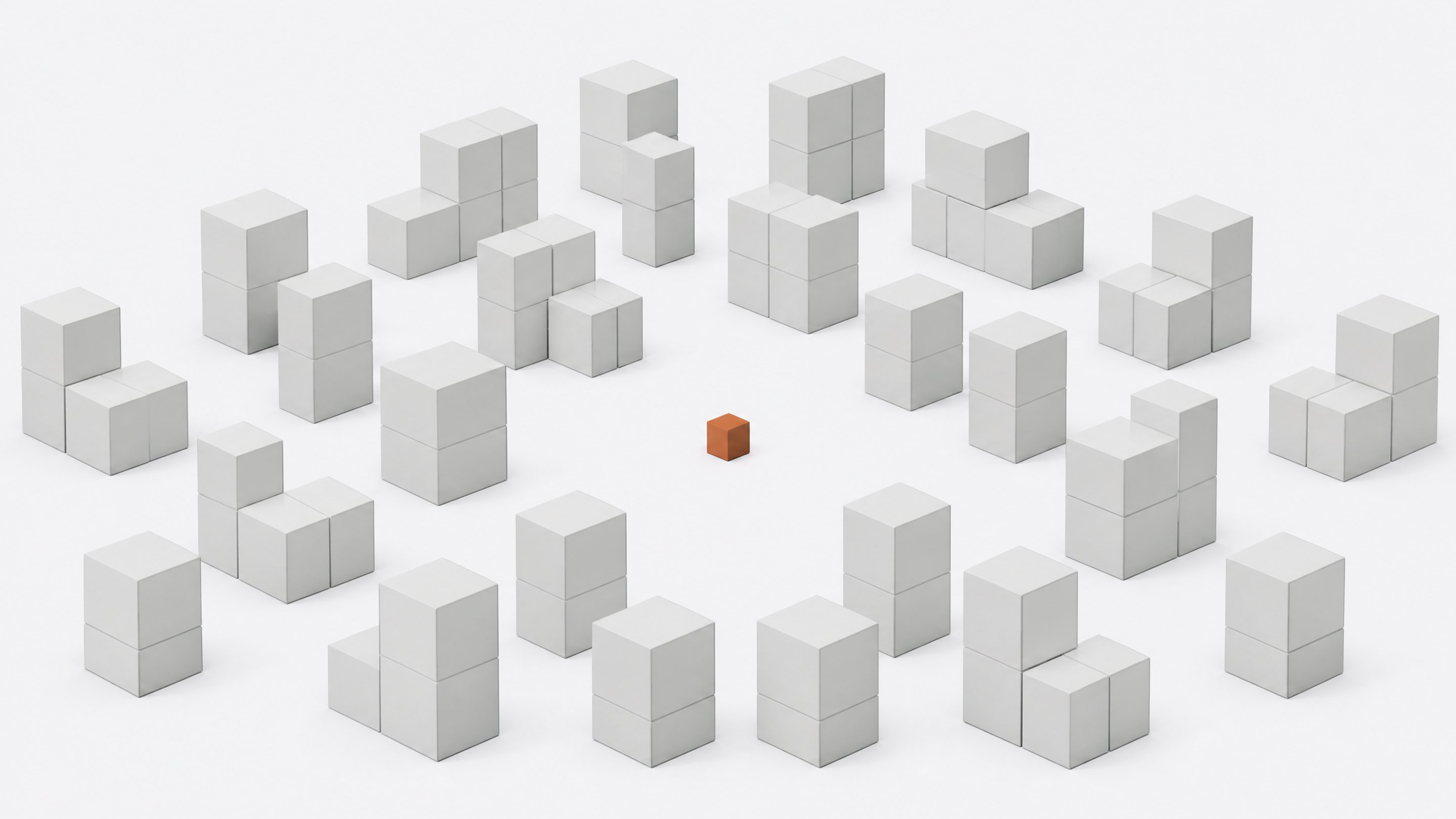 A single small accent-colored cube stands alone at the center, contrasted against a large receding grid of identical larger blank boxes stacked in tiers, representing one custom-built tool versus many uniform software subscriptions.