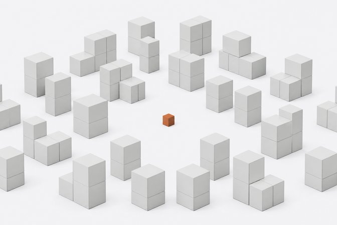 A single small accent-colored cube stands alone at the center, contrasted against a large receding grid of identical larger blank boxes stacked in tiers, representing one custom-built tool versus many uniform software subscriptions.