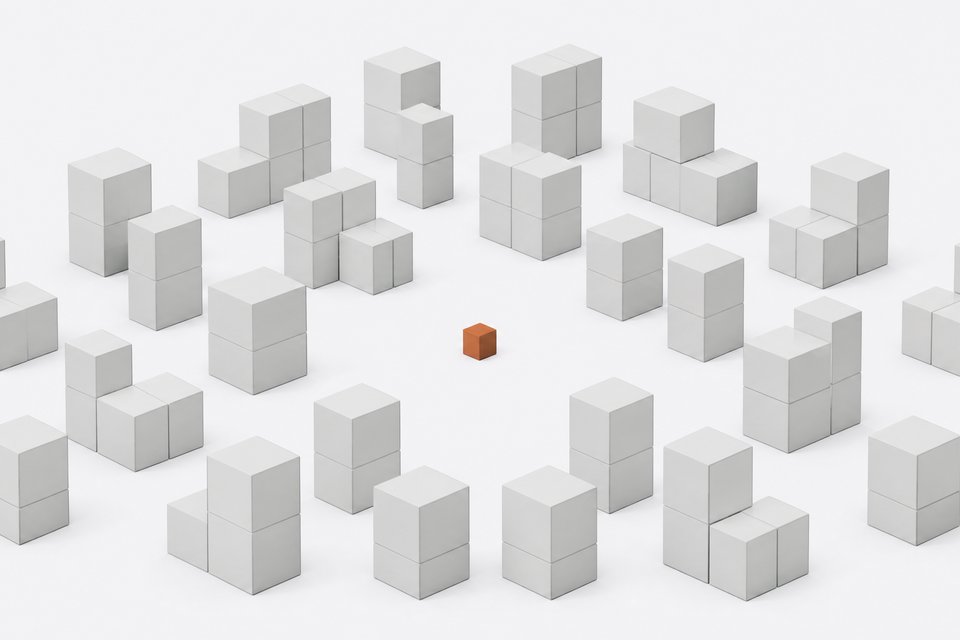 A single small accent-colored cube stands alone at the center, contrasted against a large receding grid of identical larger blank boxes stacked in tiers, representing one custom-built tool versus many uniform software subscriptions.