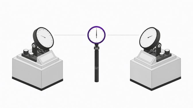 Two matching benchmark-style measurement pedestals flank a single independent gauge instrument centered between them, representing competing vendor benchmarks versus a neutral third-party evaluation.