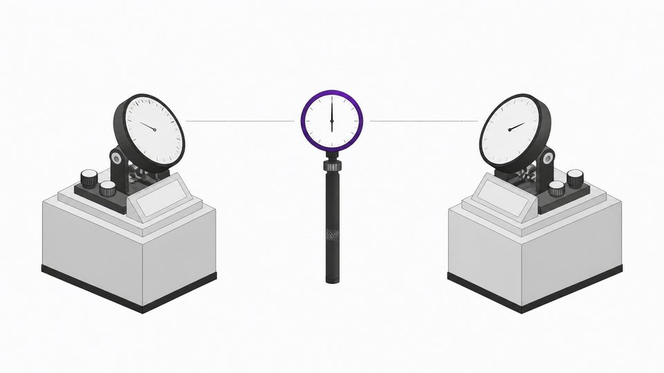 Two matching benchmark-style measurement pedestals flank a single independent gauge instrument centered between them, representing competing vendor benchmarks versus a neutral third-party evaluation.