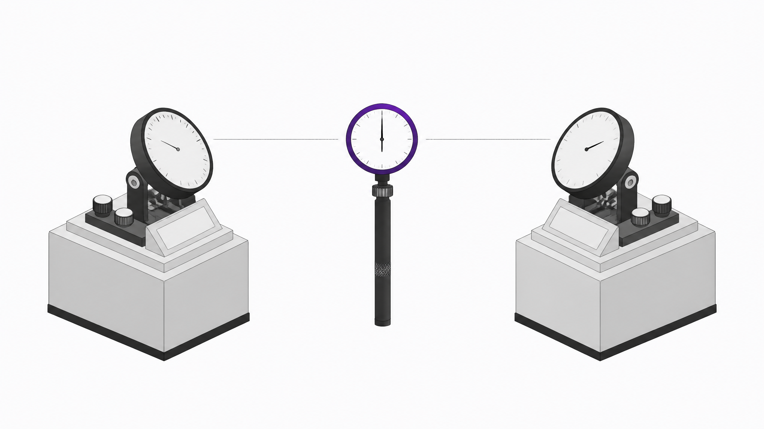 Two matching benchmark-style measurement pedestals flank a single independent gauge instrument centered between them, representing competing vendor benchmarks versus a neutral third-party evaluation.