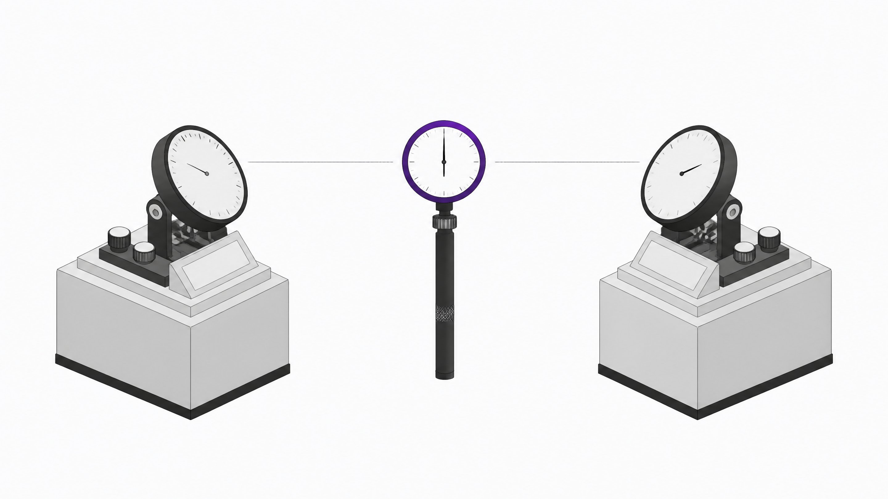Two matching benchmark-style measurement pedestals flank a single independent gauge instrument centered between them, representing competing vendor benchmarks versus a neutral third-party evaluation.