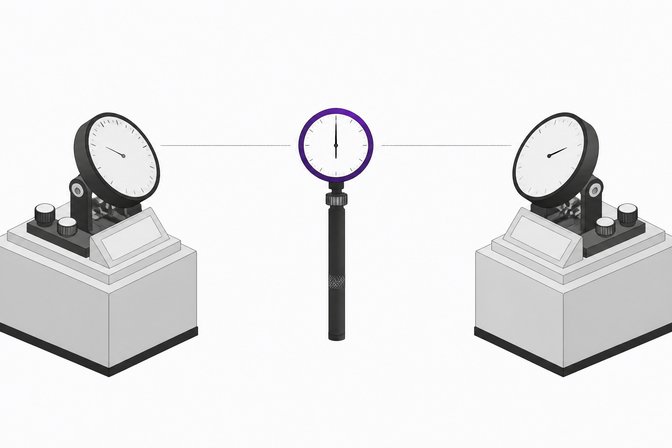 Two matching benchmark-style measurement pedestals flank a single independent gauge instrument centered between them, representing competing vendor benchmarks versus a neutral third-party evaluation.