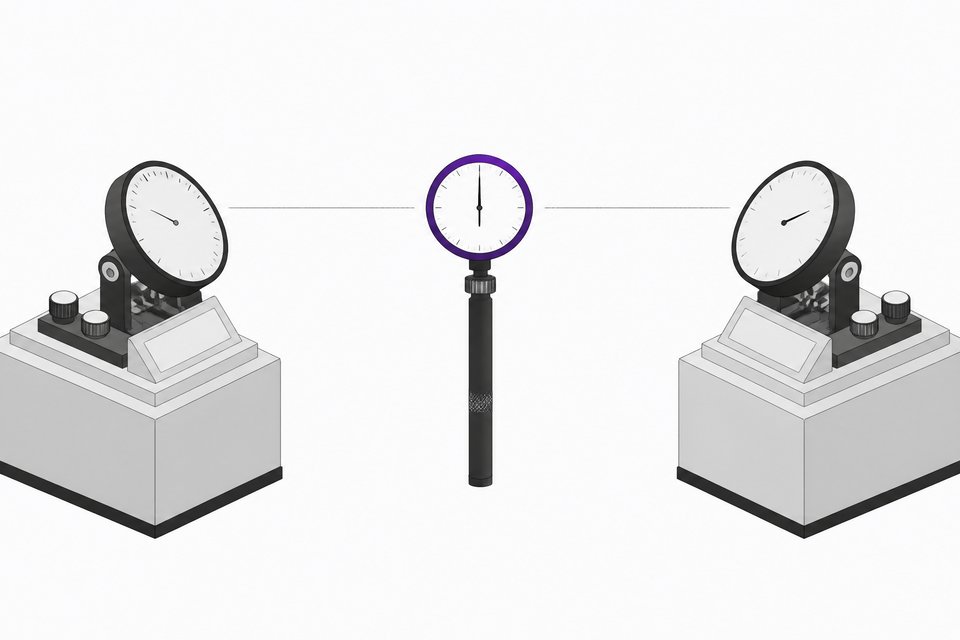 Two matching benchmark-style measurement pedestals flank a single independent gauge instrument centered between them, representing competing vendor benchmarks versus a neutral third-party evaluation.