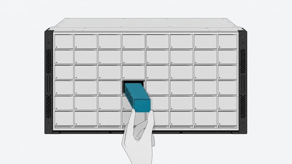 An orderly server rack of identical blank module bays with one bay left open and an unauthorized module plugged in at an odd angle, highlighted in accent color.