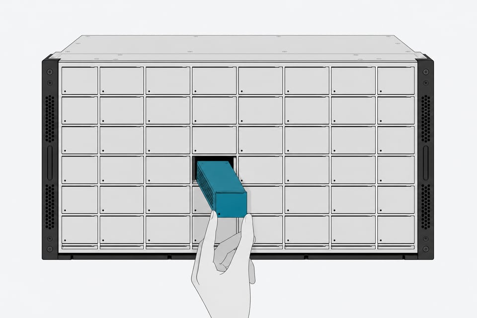 An orderly server rack of identical blank module bays with one bay left open and an unauthorized module plugged in at an odd angle, highlighted in accent color.