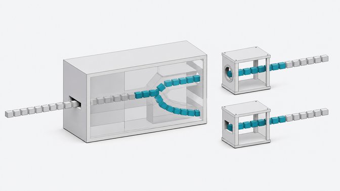 Diagram-like scene of a single monolithic processing module splitting a stream of blocks into two smaller independent modules with distinct input shapes.