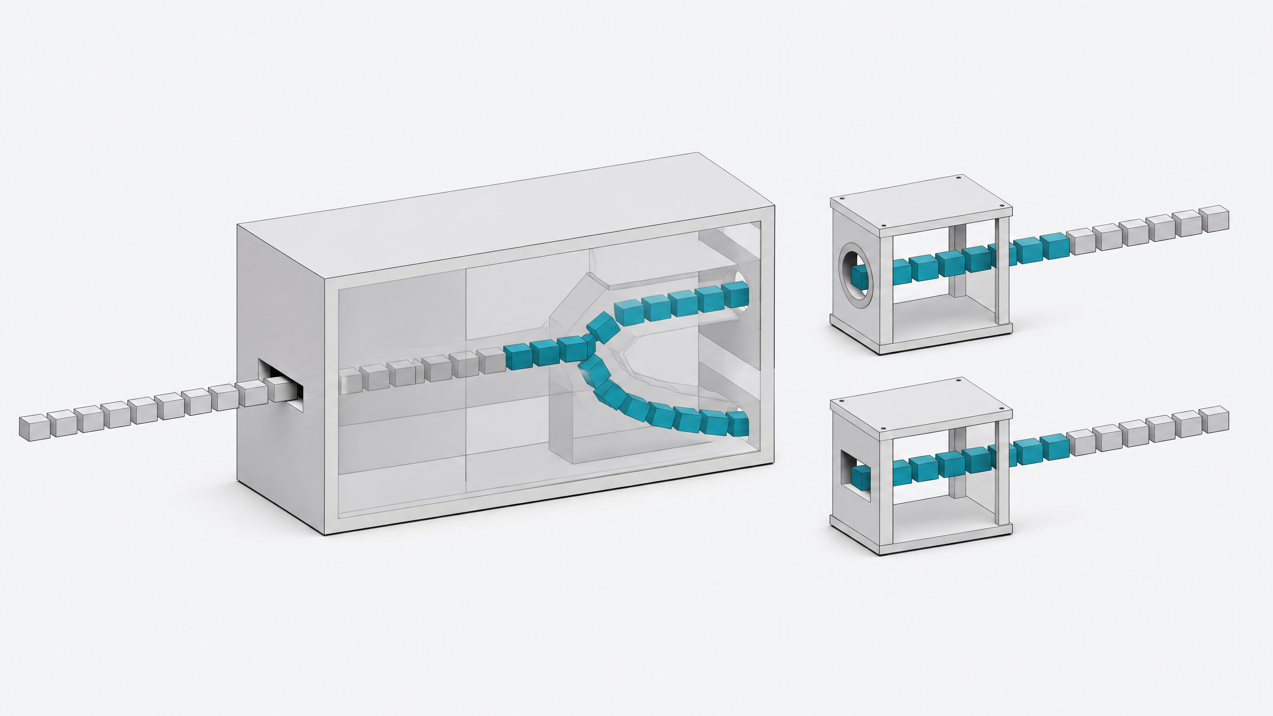 Diagram-like scene of a single monolithic processing module splitting a stream of blocks into two smaller independent modules with distinct input shapes.