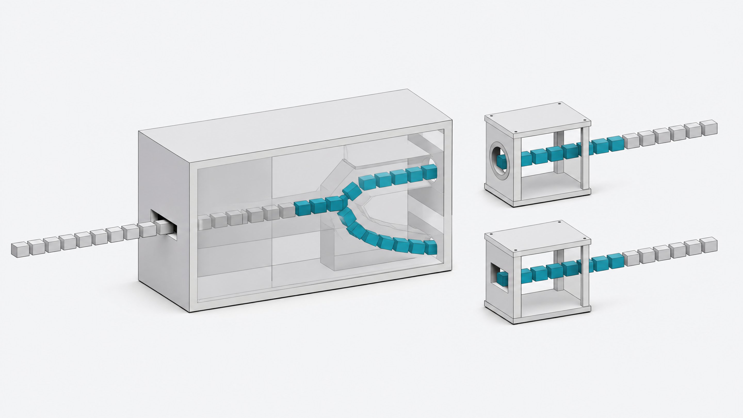 Diagram-like scene of a single monolithic processing module splitting a stream of blocks into two smaller independent modules with distinct input shapes.