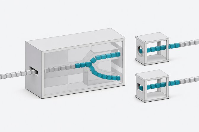 Diagram-like scene of a single monolithic processing module splitting a stream of blocks into two smaller independent modules with distinct input shapes.