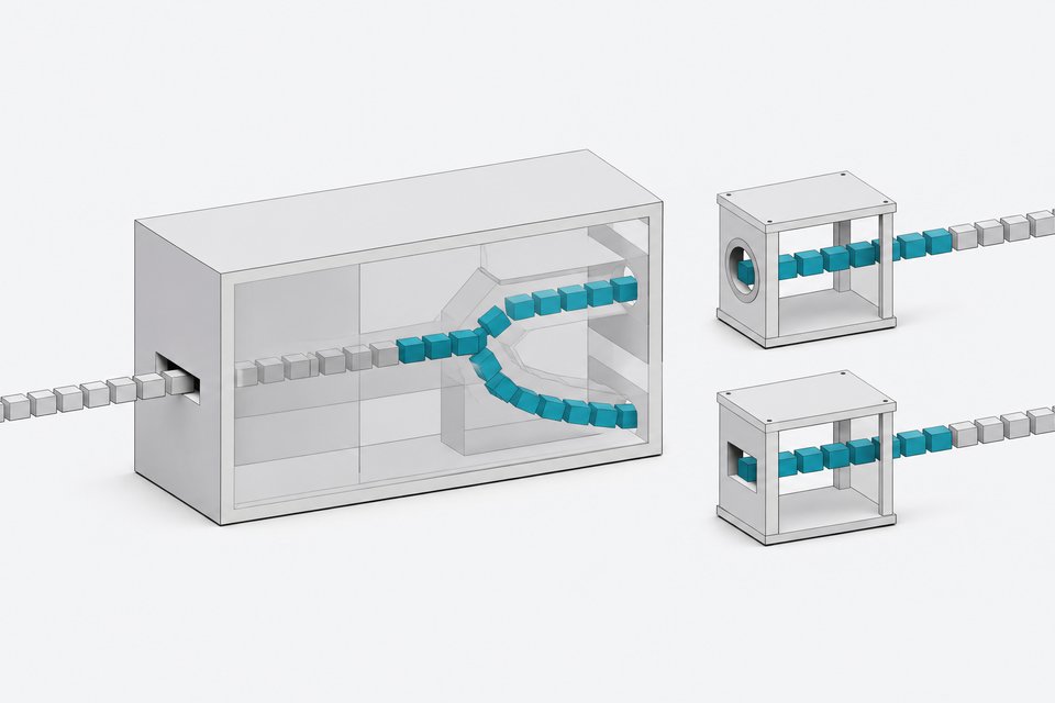 Diagram-like scene of a single monolithic processing module splitting a stream of blocks into two smaller independent modules with distinct input shapes.
