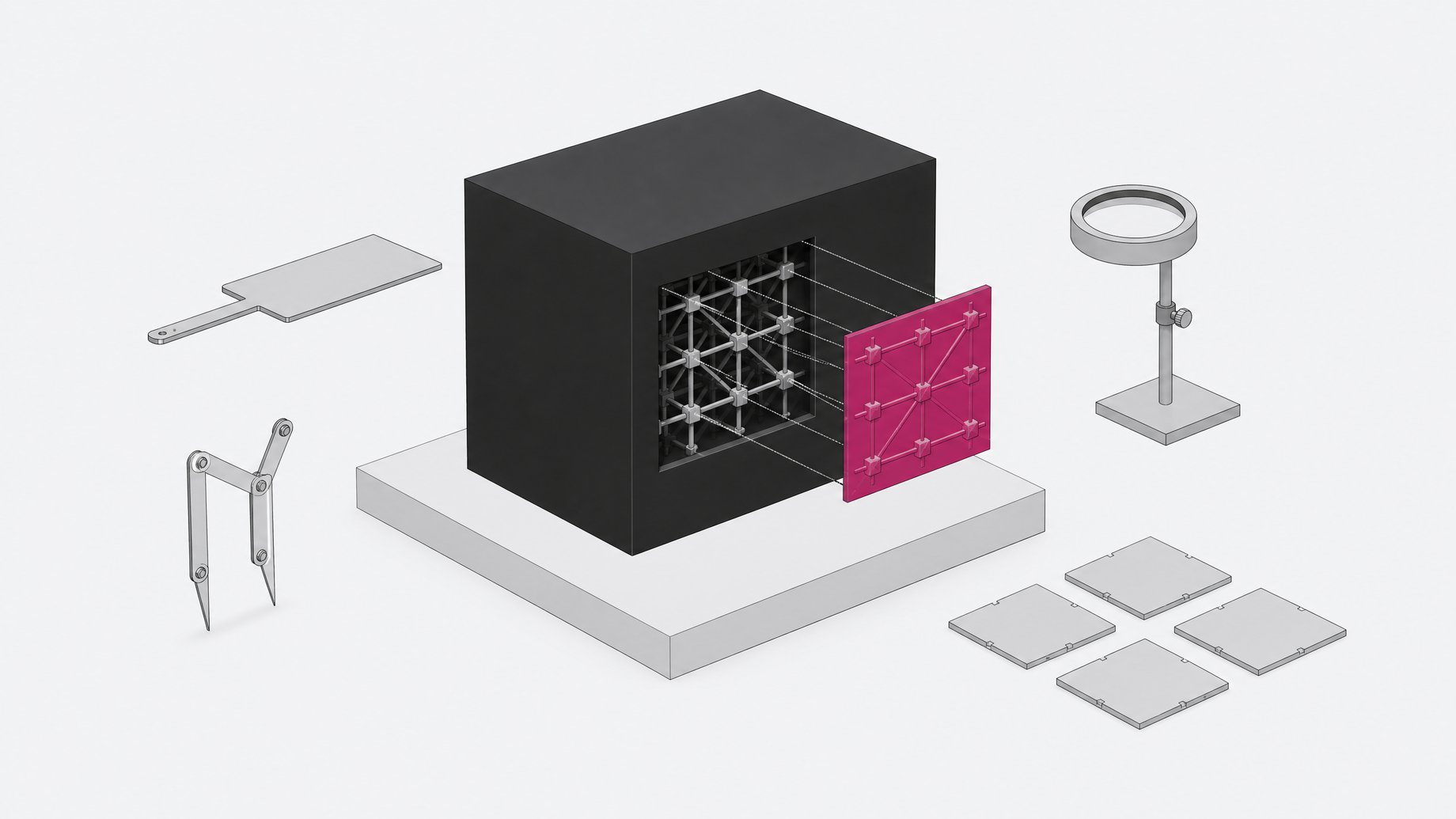 A sealed block of code with one panel opened to reveal its internal structure, aligned with a lifted inspection tile and surrounded by simple measuring tools, representing auditing AI-generated code.