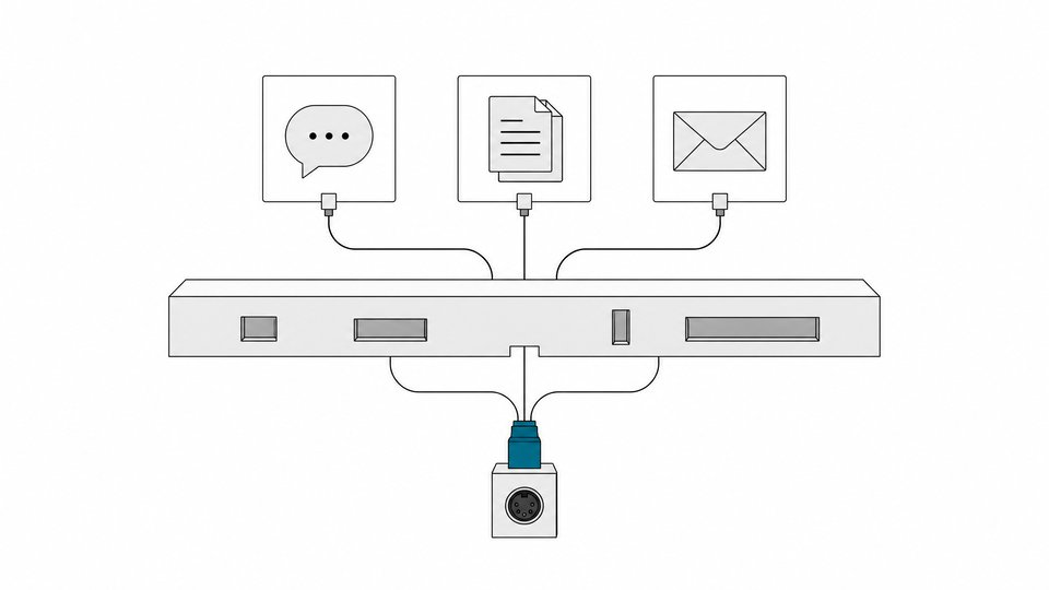 Diagram showing unofficial connector lines routing around an enterprise platform boundary to plug directly into separate application icons, bypassing the sanctioned integration ports.