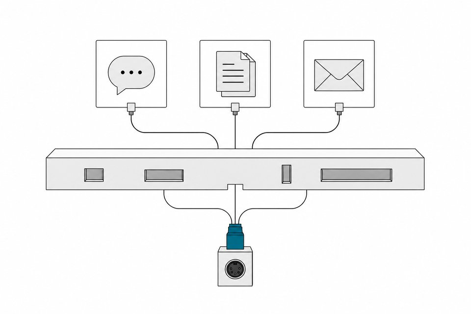 Diagram showing unofficial connector lines routing around an enterprise platform boundary to plug directly into separate application icons, bypassing the sanctioned integration ports.