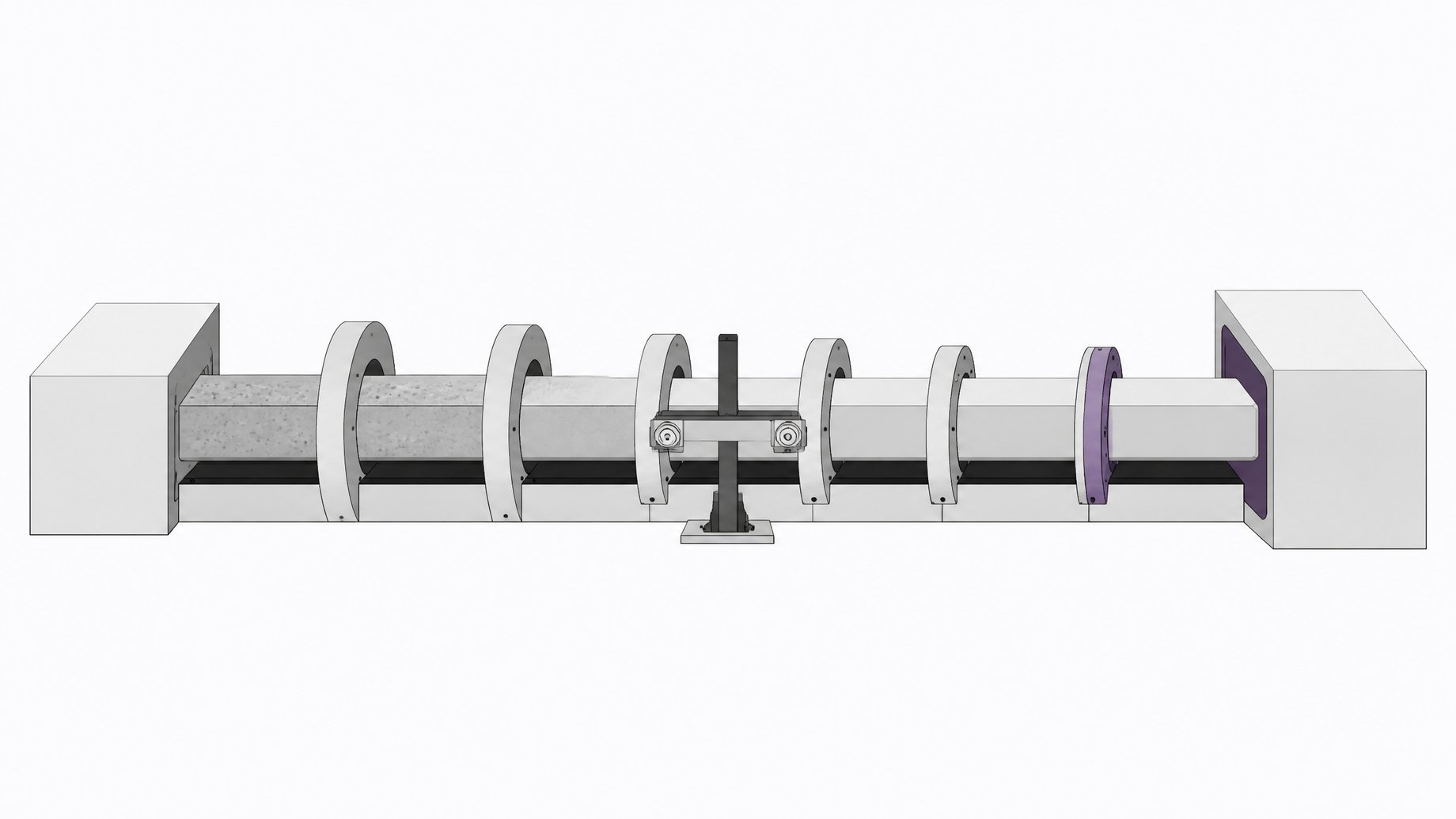 A single automated production channel showing a rough block being incrementally shaped through sequential checkpoint rings until it emerges as a validated module fitting into a receiving socket.