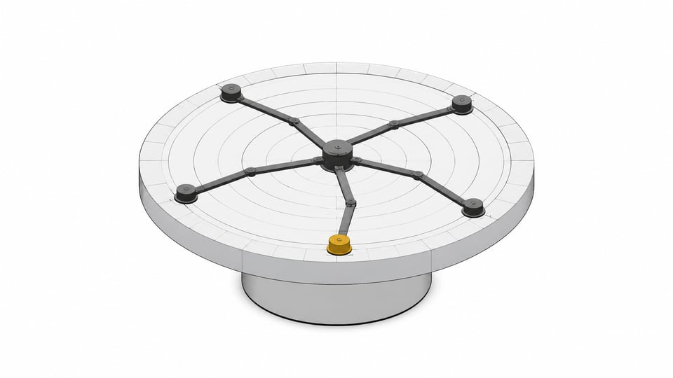 A capped, ring-marked disc representing a frozen AI training cutoff, with five mechanical arms reaching outward but stopping abruptly at its edge, unable to extend into the open space beyond.