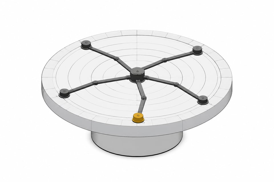 A capped, ring-marked disc representing a frozen AI training cutoff, with five mechanical arms reaching outward but stopping abruptly at its edge, unable to extend into the open space beyond.