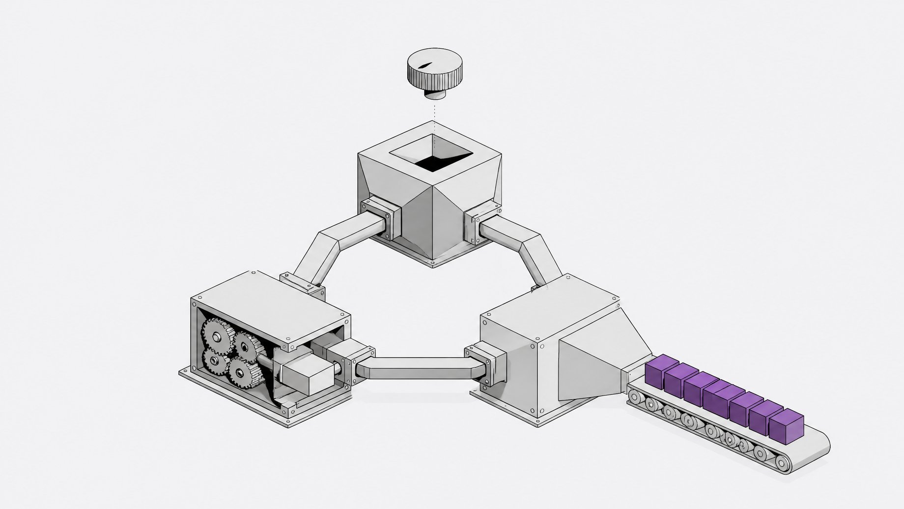 A closed-loop mechanical system cycling input through gears to produce a stack of identical finished modules, representing an automated build-test-ship factory loop.