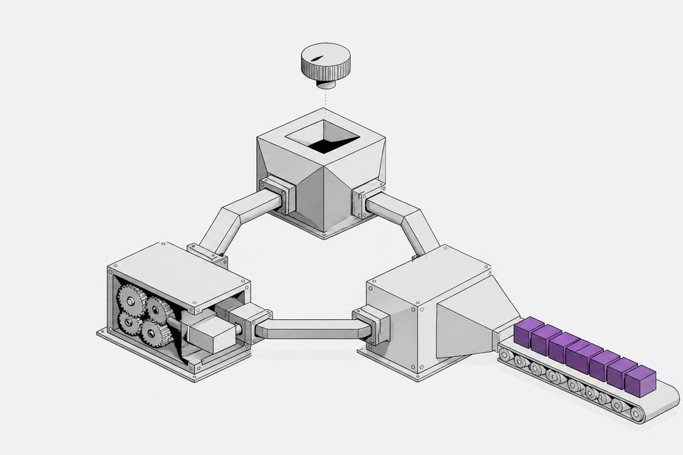A closed-loop mechanical system cycling input through gears to produce a stack of identical finished modules, representing an automated build-test-ship factory loop.