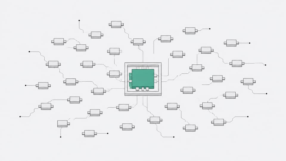 A single formally enclosed workflow node stands out among a scattered field of many small, loosely connected identical nodes, representing employee-built automations being brought under a structured governance framework.