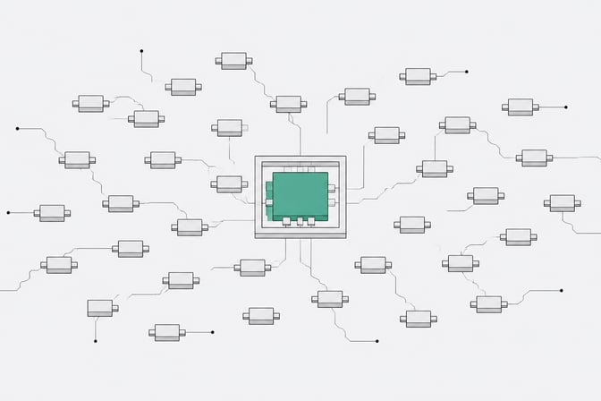A single formally enclosed workflow node stands out among a scattered field of many small, loosely connected identical nodes, representing employee-built automations being brought under a structured governance framework.