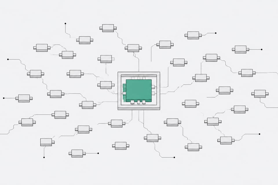 A single formally enclosed workflow node stands out among a scattered field of many small, loosely connected identical nodes, representing employee-built automations being brought under a structured governance framework.