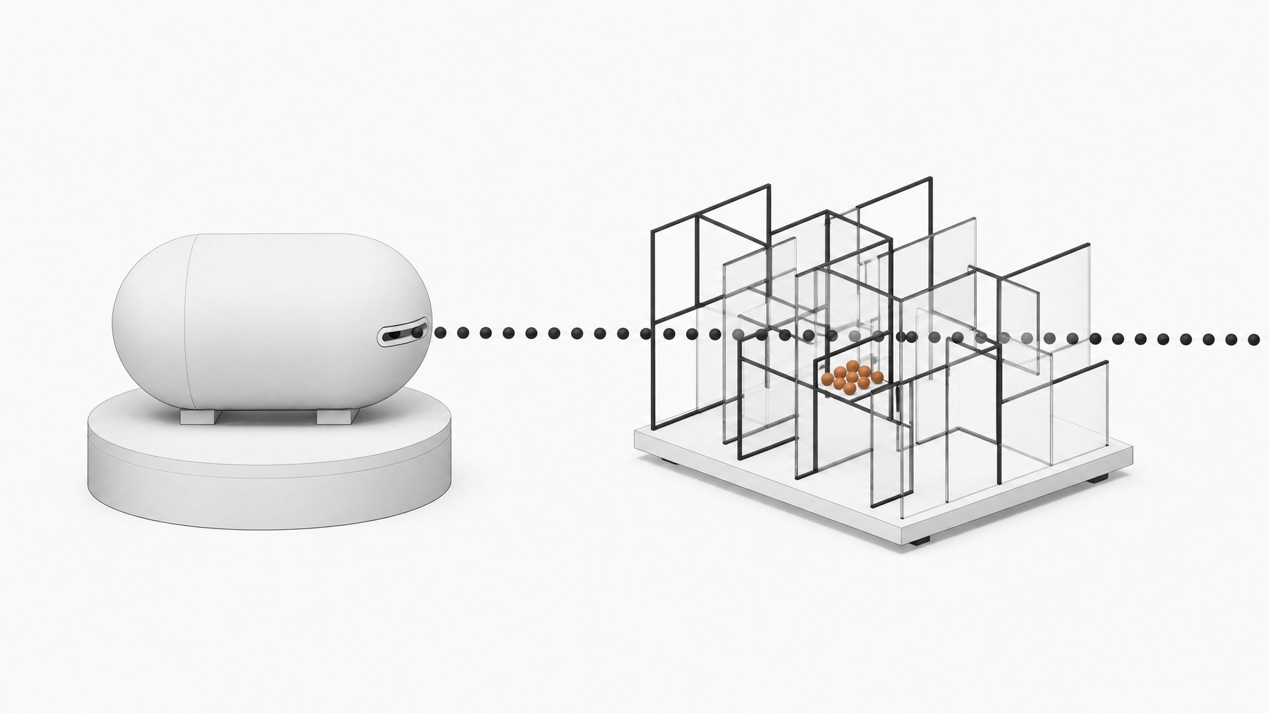 A sealed opaque capsule releasing a stream of tokens compared against an open transparent lattice that visibly catches only a small fraction of the same tokens, illustrating an unverifiable clinical AI accuracy claim versus an independently checkable result.