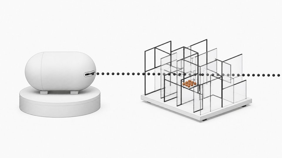 A sealed opaque capsule releasing a stream of tokens compared against an open transparent lattice that visibly catches only a small fraction of the same tokens, illustrating an unverifiable clinical AI accuracy claim versus an independently checkable result.