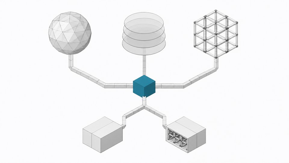 Three distinct model architectures routing through a central junction into two alternate deployment modules, illustrating how to choose and deploy an AI model for internal tools.