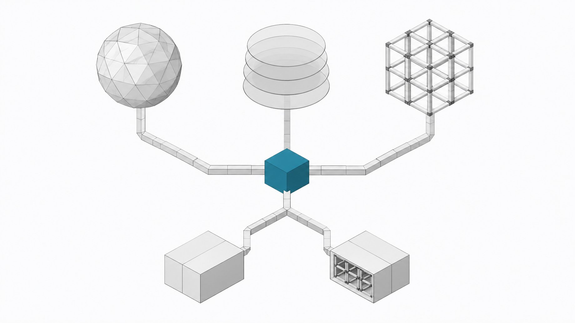 Three distinct model architectures routing through a central junction into two alternate deployment modules, illustrating how to choose and deploy an AI model for internal tools.