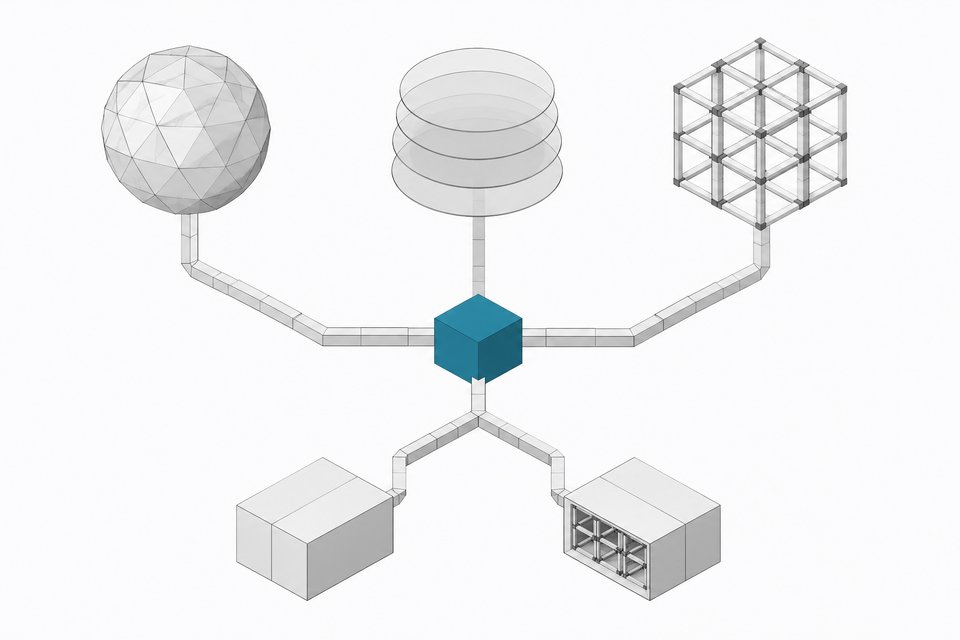Three distinct model architectures routing through a central junction into two alternate deployment modules, illustrating how to choose and deploy an AI model for internal tools.
